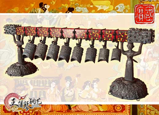 8件古編鐘，銅人銅座裝飾，可發(fā)音